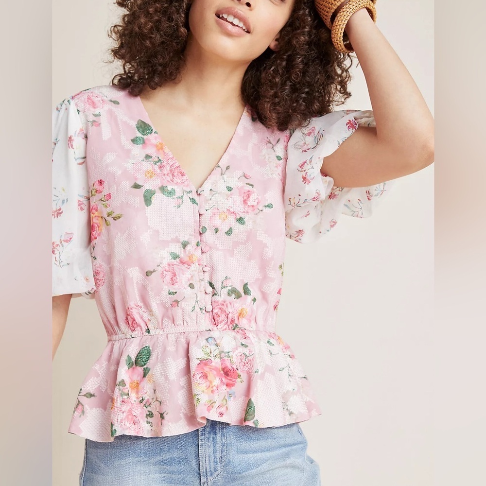 Hemant & Nandita Floral Garden Peplum Blouse‎ Pink Boho Romantic Puff Sleeve